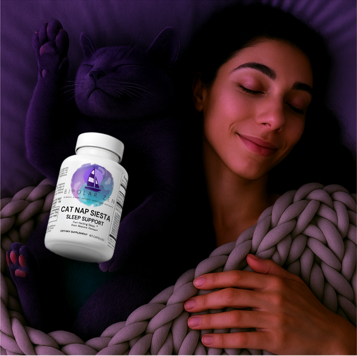 A serene woman sleeps peacefully under a thick, cozy gray knit blanket beside a plush, purple cartoon-style cat holding a bottle of Bipolar Zen’s Cat Nap Siesta Sleep Support. The background features a dreamy night sky with fluffy clouds, a glowing full m
