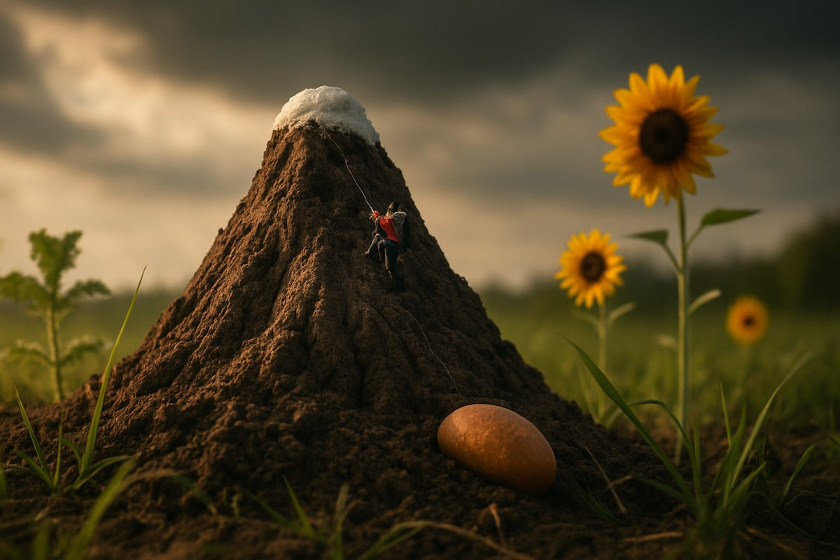 A surreal daytime landscape featuring a tiny person climbing a small dirt mound, mistakenly resembling a mountain. The mound is surrounded by oversized blades of grass and towering sunflowers, visually emphasizing the exaggerated scale and metaphor of ‘ma