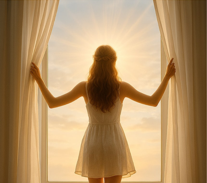 A serene woman stands barefoot in the sun, one foot raised playfully as if ready to leap. Her white, sheer dress flows gently in the breeze. Light streams through her outstretched arms and crown, symbolizing parasympathetic peace and a fresh beginning. He