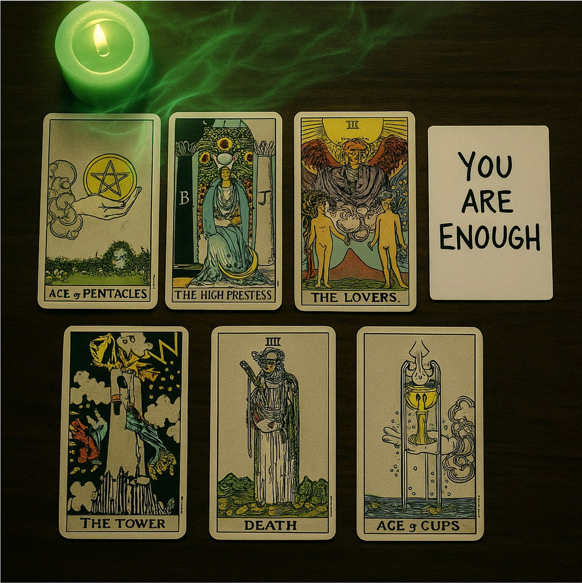 Top-down view of tarot cards arranged on a wooden surface with a soft green candle glowing. Ethereal green smoke flows gently over four upper cards—Ace of Pentacles, High Priestess, Lovers, and a handwritten card reading “You Are Enough.” Below, darker-th
