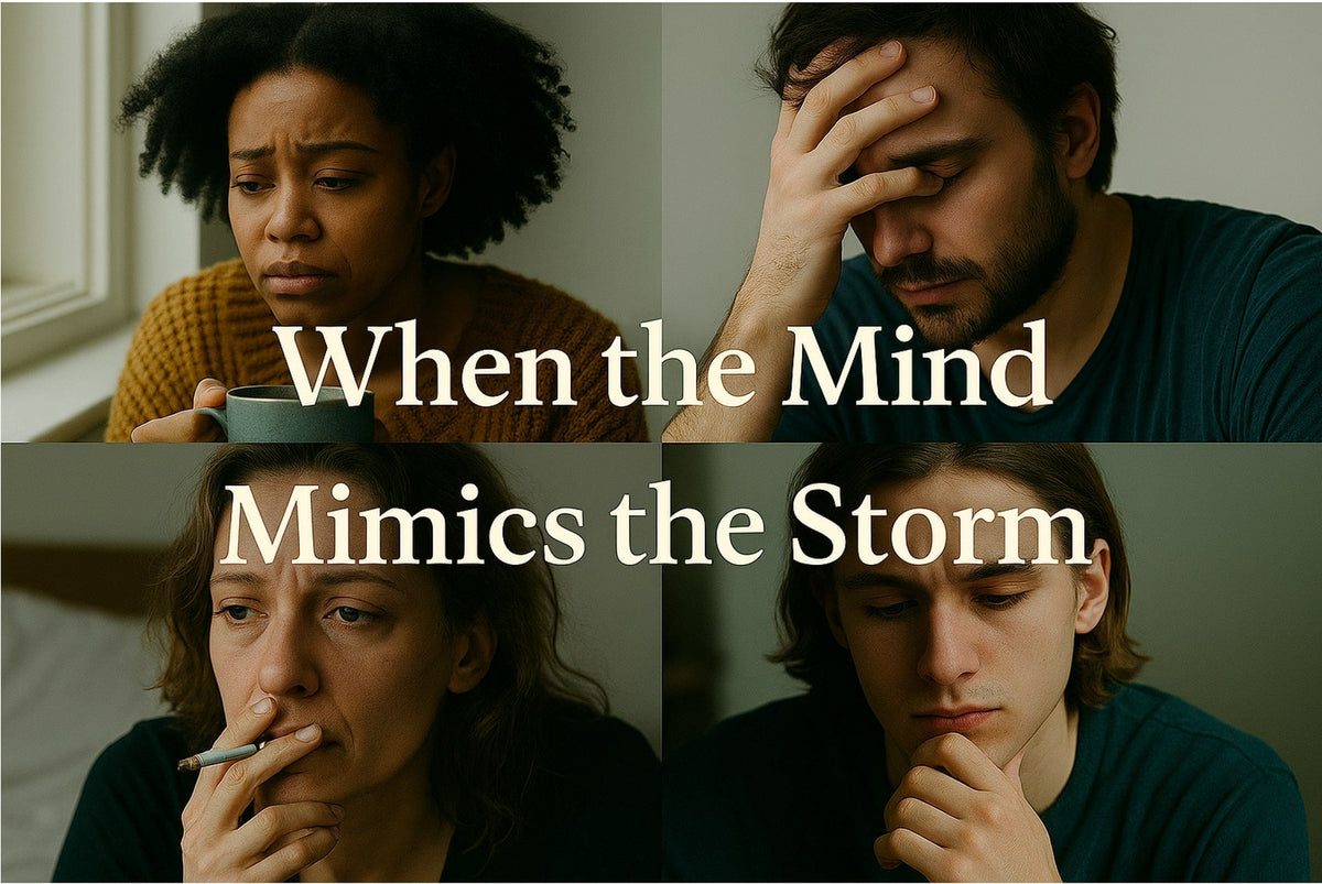 A horizontal collage of four emotionally expressive individuals—each representing different mental health struggles such as anxiety, addiction, and nutrient deficiency—overlaid with the phrase “When the Mind Mimics the Storm.” Their faces reveal fatigue,