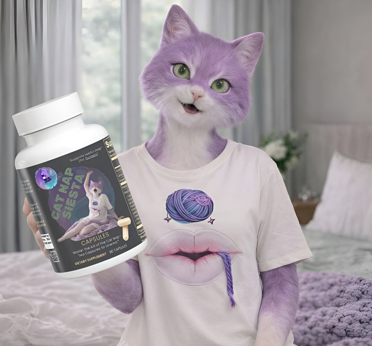A serene woman sleeps peacefully under a thick, cozy gray knit blanket beside a plush, purple cartoon-style cat holding a bottle of Bipolar Zen’s Cat Nap Siesta Sleep Support. The background features a dreamy night sky with fluffy clouds, a glowing full m